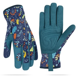 WOHEER Leather Gardening Gloves for Women, Abrasion Garden Gloves Scratch Resistant Breathable for Weeding, Digging, Planting, Raking & Mowing (Leaf Blue, Large)