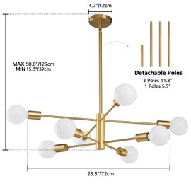 RUIYEY Modern Sputnik Chandeliers Light, 8-Light Gold Dining Room Chandelier Over Table, E26 Mid Century Ceiling Light Fixtures Height Adjustable Hanging Pendant Lighting for Entryway Foyer
