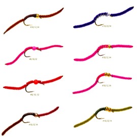 24 Bead Head San Juan Worm Wet Nymph Trout Fly Fishing Flies Assortment | Fly Size: #8, #10, #12, #14