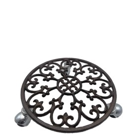 Comfy Hour Rustic Style Collection Cast Iron Plant Trolley Flowerpot Holder, with Heavy Duty Super Strong Industrial Strength Iron Wheels (Brown)