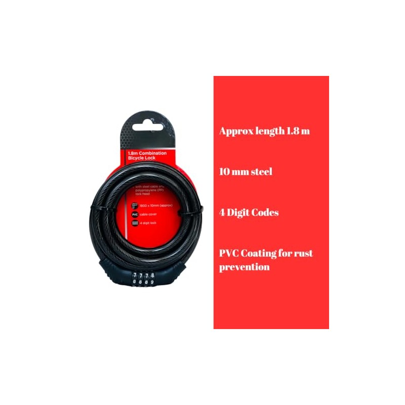 Bilva Houseware 1.8m x 10mm Resettable Combination Bike/Bicycle Lock