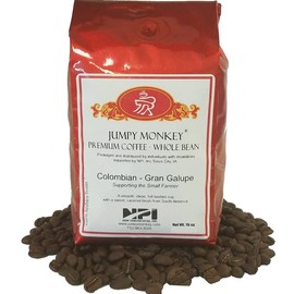 Jumpy Monkey® Coffee Colombian Gran Galupe - Medium Roast, 100% Arabica, Whole Bean Coffee, For Cold Brew, French Press, Espresso Machine, 16 Ounce Bag