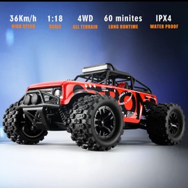 SupKonXi RC Car 4WD Remote Control Truck, 1:18 Scale Off Road RC Truck, 36KPH Fast Racing Car, 2.4Ghz RC Vehicle Rock Crawler with 2 Batteries-60 min Playtime, for Boys Kids Girls Teens - Red