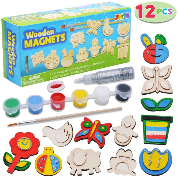 JOYIN 12 Wooden Magnet Creativity Arts & Crafts Painting Kit Decorate Your Own for Kids Paint Gift, Birthday Parties and Family Crafts, Easter Basket Stuffers.