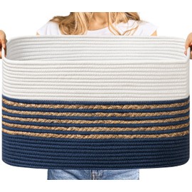 UBBCARE Blanket Basket, Large Rectangle Woven Storage Basket With Handles, Cotton Rope Toy Basket for Living Room, Nursery Baskets for Organizing, 22''L×17''W×12''H, Navy Blue