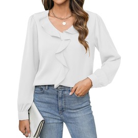 Neweek White Long Sleeve Shirts for Women Womens Tops Trendy Loose Fit Front Ruffle V Neck Long Sleeve