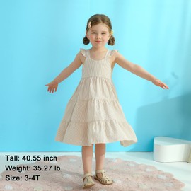 YOUNGER TREE Toddler Baby Girl Dress Summer Outfits Stripe Flutter Sleeve Smocked Dress Kids Causal Boho Dresses Clothes (6-7T, Khaki Stripe)