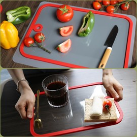 YUGUARD Cutting Board with Red Silicone Edge, 2Pcs Non-Slip Chopping Board Set for Kitchen & Countertop, Dishwasher-Safe with Hanging Hole, Clear Glass Cutting Boards for Meal Prep, Serving