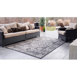 Unique Loom Traditional Collection Transitional Distressed Vintage Medallion Indoor/Outdoor Flatweave Area Rug, 4 ft x 6 ft, Dark Gray/Ivory