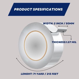 OceanSSH Aluminum Tape - High Temp & Waterproof Foil Tape for Ductwork & Insulation, Strong Adhesive, Heavy Duty Silver Tape, 2" x 71 Yards, Ideal for Sealing & Repairs (1.57 mil)