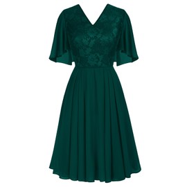 GRACE KARIN Women's Elegant Cocktail Dress V-Neck Lace Dress Chiffon Knee-Length A-Line Evening Dress Party, dark green
