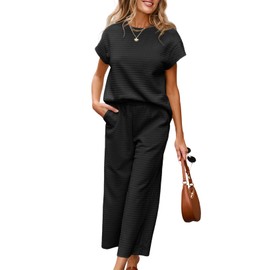 SHEWIN 2 Two Piece Outfits for Women 2025 Textured Lightweight Womens Lounge Set Sweatsuits Sweat Set Short Sleeve Tops Wide Leg Pants Fall Clothes Black X-Large