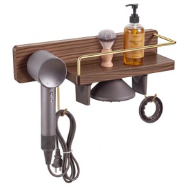 Yinkin 14.2'' Long Wood Hair Dryer Holder Blow Dryer Wall Mount Stand Storage Accessories and Attachments Organizer for Bathroom Living Room, 3.15 x 4.72 Inch