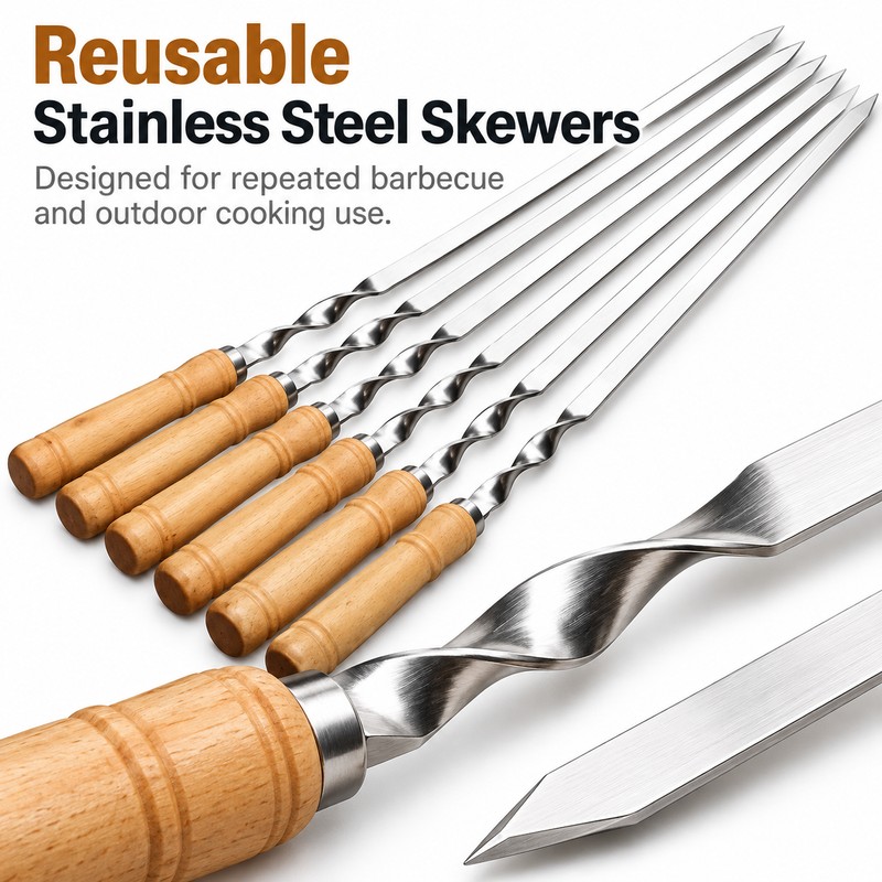 6-Piece 55cm Stainless Steel BBQ Skewers for Grilling – Reusable