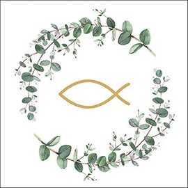 Ambiente Napkin Lunch 33 x 33 cm Communion Branches White Eucalyptus Ring Fish Wreath 20 Pieces per Pack