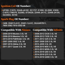 2007-2019 UF550 Ignition Coil Pack and 1406 Spark Plugs Compatible for Nissan Murano Maxima Pathfinder Altima, Infiniti EX35 G35 JX35 M35 Q50 QX60 2007-2019, 3.5L V6, Replaces 5C1727 DILKAR7B11