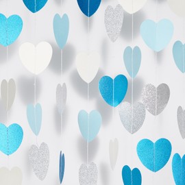 Celmuron Light Blue White Silver Heart Garland 52ft – Glitter Paper Sewn Party Decorations Streamers for Birthday, Baby Shower & Wedding