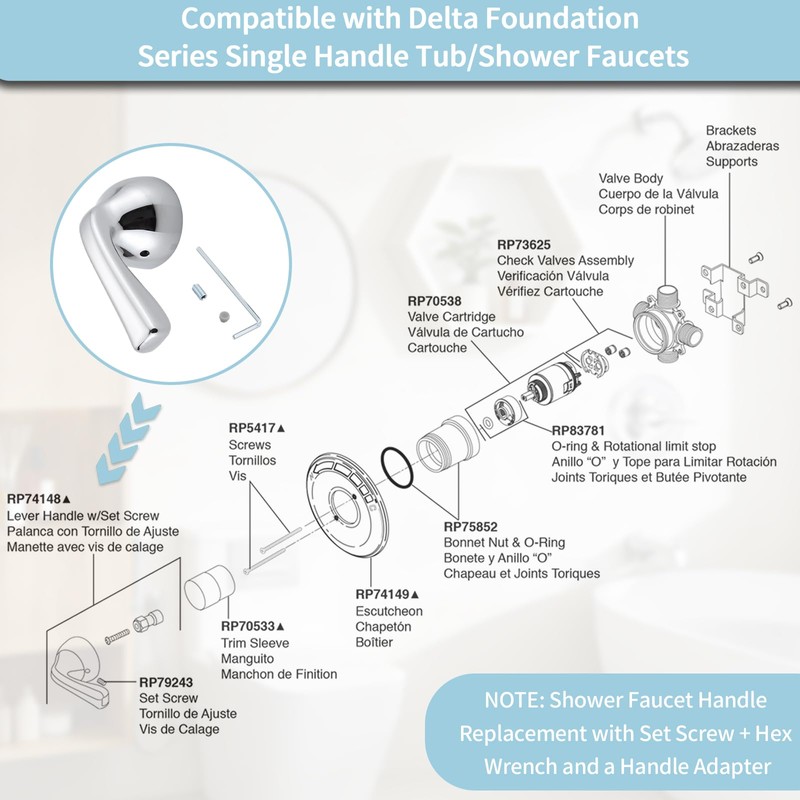 Shower Handle Replacement for Delta RP74148, Compatible with Delta Foundation