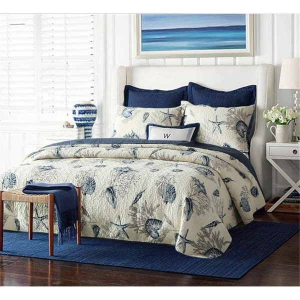 Blue Shell Tread Design 3 Piece Comforter Quilt Bedspeads Sets Queen Cotton White&Blue