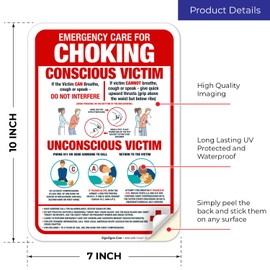 Sigo Signs, Emergency Care for Choking Conscious Victim Unconscious Victim Sign, 10x7 Inches, 4 Mil Vinyl Decal Stickers Weather Resistant, Made in USA