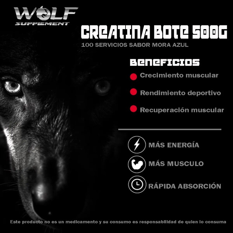 Creatina Monohidratada 500g Wolf En Polvo Varios Sabores Mora Azul