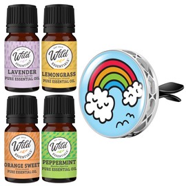 Wild Essentials Rainbow Cloud Car Vent Essential Oil Diffuser Kit With Lavender, Lemongrass, Peppermint, Orange Oils, 8 Refill Pads, Calming Aromatherapy Gift Set, Customizable, Perfume