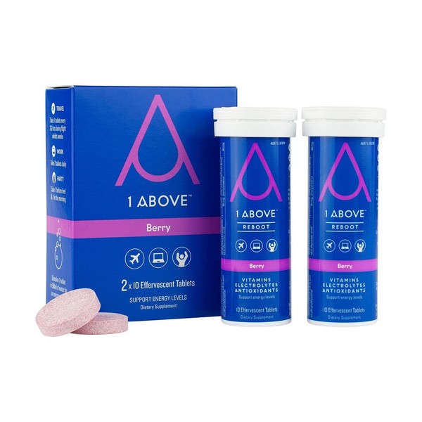 1Above Anti Jet Lag Flight Effervescent Drink Tablets. Super Antioxidant - Pycnogenol + Vitamins + Electrolytes for Travel, Work and Party. 20 Count (2 Tubes) Berry