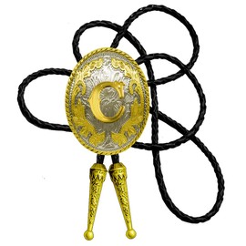 Moranse Golden Western Bolo Tie Initial Letter A to Z in Round Flower Nursery Cowboy with Cowhide Rope Necktie Necklace(C)