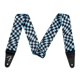 Fender Wavy Checkerboard Polyester Guitar Strap, Adjustable from 34"-59", Leather Ends, Blue
