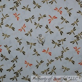 Kona Bay Fabrics BonEful Fabric FQ Cotton VTG Quilt Gray Gold Metallic Red Dragonfly Calico Decor