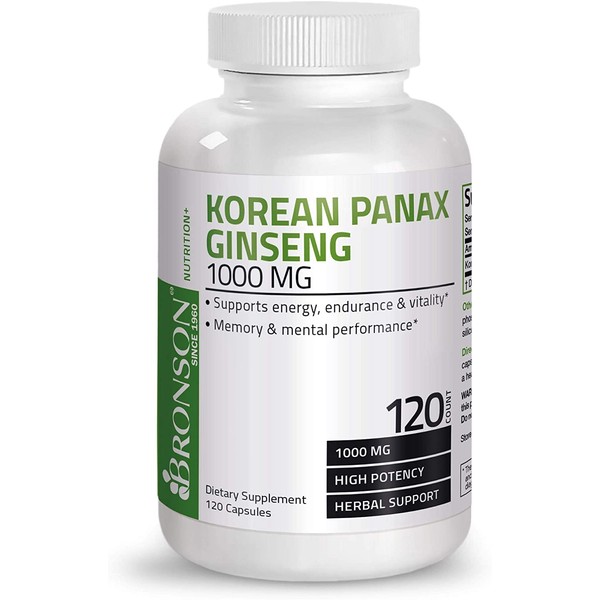 Bronson Korean Panax Ginseng 1000 mg Supports Energy, Endurance & Vitality + Memory and Mental Performance, 120 Capsules