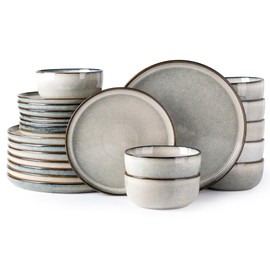 GBHOME Ceramic Dinnerware Sets for 8, 24 Pieces Stoneware Plates and Bowls Sets, Scratch Resistant Dishes, Dishwasher & Microwave Safe, Reactive Glaze-Green Wheat