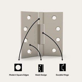 MEGA HANDLES - Square Barrel Hinges with Square Corners, Stainless Steel Interior Door Hinge for Bedroom, Bathroom, Cabinet, Heavy-Duty Door Hinges, 4x4 inch, Satin Nickel 2 Pack