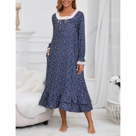 YARISNEY Women's Vintage Nightgown Premium Cotton Sleepwear long Princess Loungewear (White Flower,L)