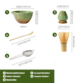Matcha Set, Japanese Tea Set Includes Matcha Bowl with Spout, Matcha Whisk Holder, Bamboo Matcha Whisk and Sifter Scoop, 17 oz Mottled Tea Green Glaze Ceramic Matcha Kit for Tea Lovers