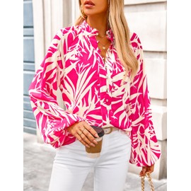 MASCOMODA Womens Boho Floral Print Fall Tops Dressy Casual V Neck Button Down Lantern Long Sleeve Shirts Chiffon Work Blouse(Rose Red Floral,X-Large)