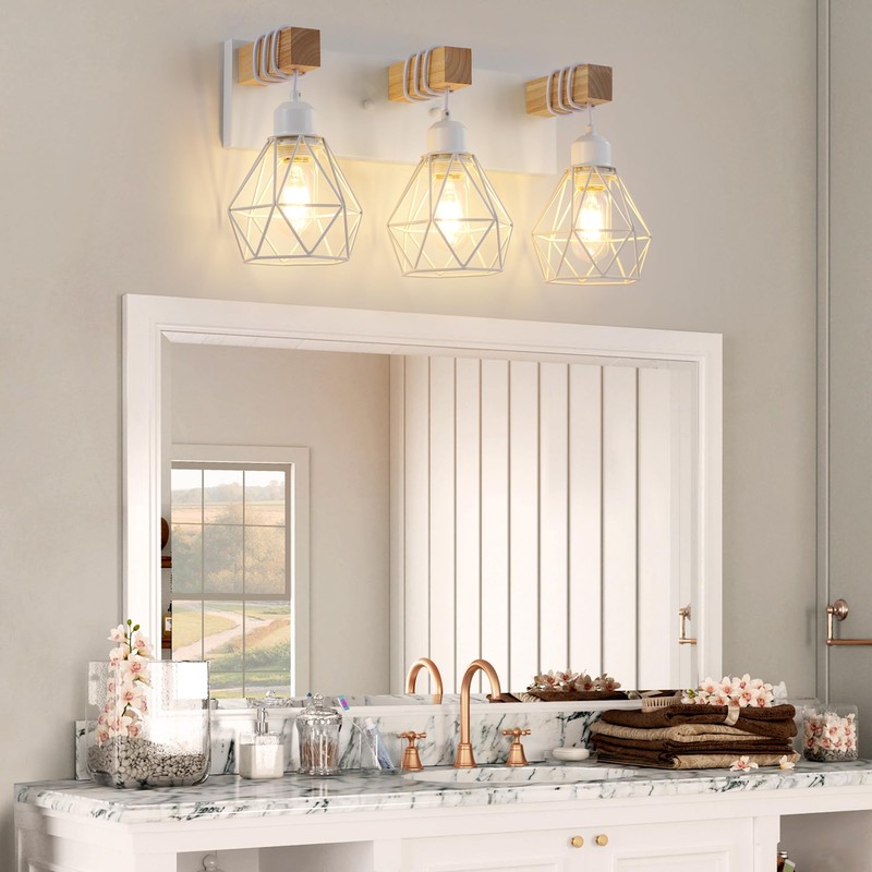 Farmhouse Vanity Light for Bathroom, 3-Light White Wood Bathroom Vanity