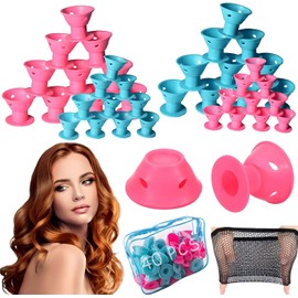 Rizos Sin Calor - (40 piezas)20 Grandes y 20 Pequeños, Rulos para Cabello Sin Calor de Suave, Rodillos mágicos para el Cabello para Cabello Largo, Medio Corto - Viajes, Citas, Fiestas (Rosa y azul)