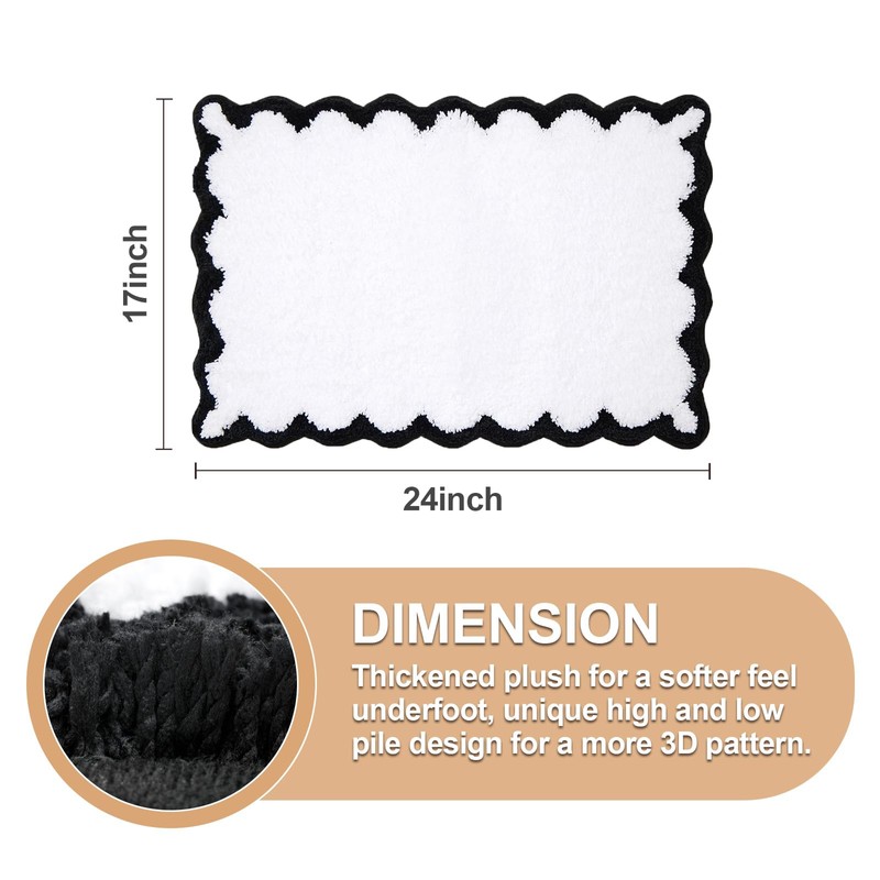 ORTIGIA Small Cute Scalloped Bath Mat, White and Black Plush
