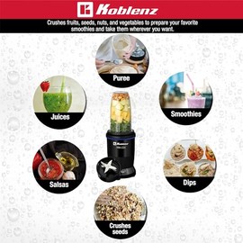 Licuadora Personal Koblenz MixGo Batidora Portátil, 1000 Watts, con Vaso de 900 ml, 6 Accesorios, Nutrición en 1 minuto, Ideal para Jugos, Smoothies  