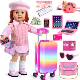 WONDOLL 18-inch-Doll-Clothes and Accessories - Doll-Travel-Suitcase Luggage,Clothes and Shoes, Bag, Sunglasses, Camera, Passport, Notebook, Phone, pad Travel Gear Play Set Fit(No Doll)