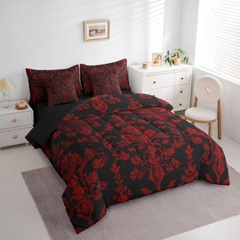 Feelyou Red Black Vintage Damask Floral Comforter Set with Sheets Oriental Antique 7 Piece Bedding Set King Size for Kids Boys Girls Gothic Bohemia Floral Bed in a Bag Luxury Flower Bed Set