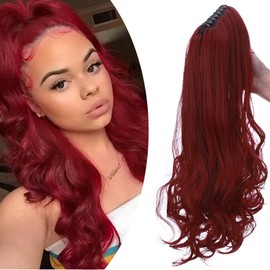 Ponytail Extension, Ponytail Braid with Clip, Hairpiece, Hair Extension, Heat Resistant (Straight and Wavy) Like Real Hair, 18 Inches (45 cm), Maroon Mix Dark Red