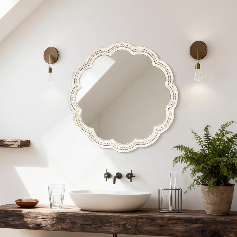 UPPER DECOR 24 Inch Round Wall Mirror, Whitewashed Wooden Frame