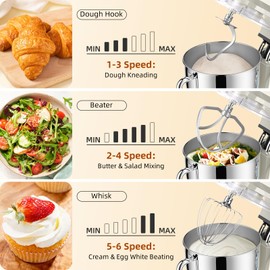 Babroun 8.45 QT Stand Mixer - 660W 6 Speed Large Capacity Kitchen Electric Mixer with Whisk Dough Hook Mixing Beater Household Food Mixer for Baking Cakes Cookie Bread Salad (White)