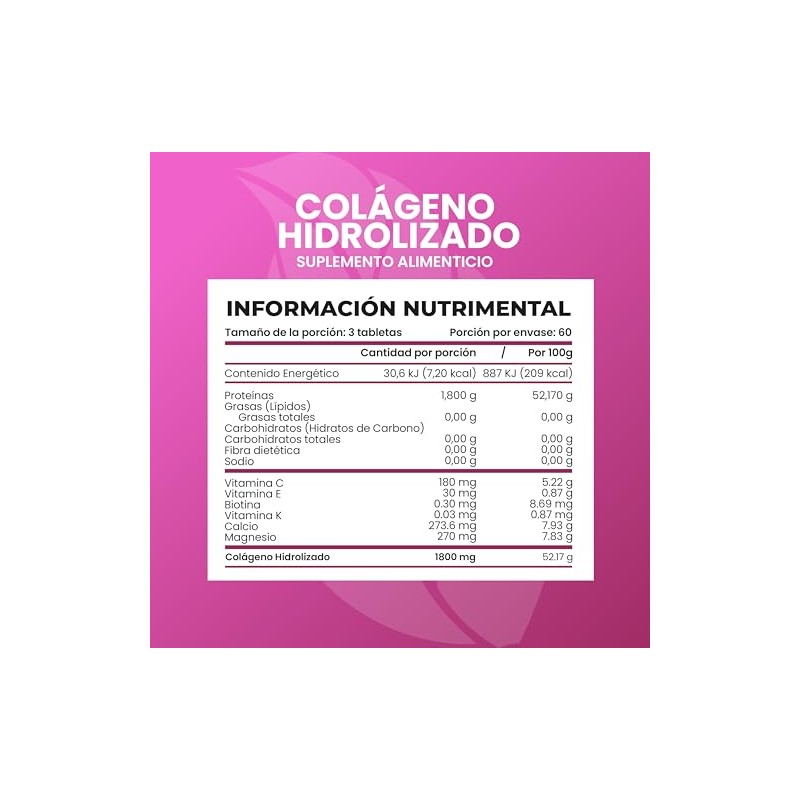 Colágeno Hidrolizado Fórmula Premium 180 Tabletas Sin Azúcar, Sin Grasas,