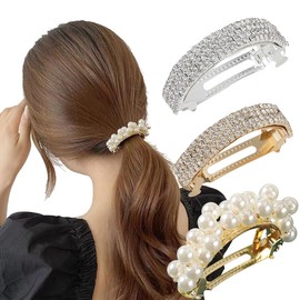 Barrette, Pearl Instone Hair Clip, Hair Accessory, Pony Hook, For Ponytails, Gold, Fashionable, Cute, Sparkling Crystal, Hair Ornament, Hair Clip, For Everyday Commute, 3-Piece Set