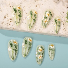 MISUD Almond Press on Nails Medium Fake Nails Glossy Glue on Nails Summer Acrylic Nail Supplies Stiletto Artificial Nail Art Green Flower Leaf Stick on False Nails with Design DIY 24 pcs