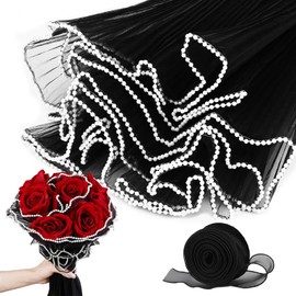 4.37 Yards Flower Wrapping Mesh Paper, White Pearl Edge Wrinkled Wavy Net Yarn Flower Bouquet Wrapping Paper, Floral Wrapping Paper with 10 Yards Ribbon for DIY Crafts Wedding Florist Supplies (Black)