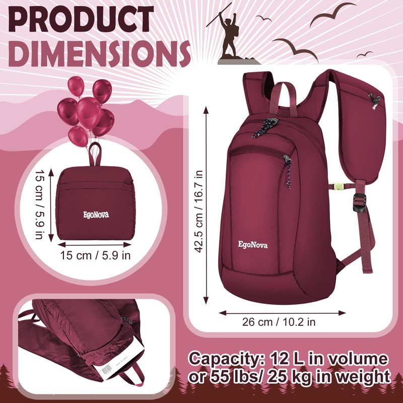 EgoNova Hiking Daypack, 12L Packable Backpack- Lightweight & Water-Resistant for
